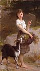 Emile Munier Canvas Paintings - Young Girl with Goat & Flowers